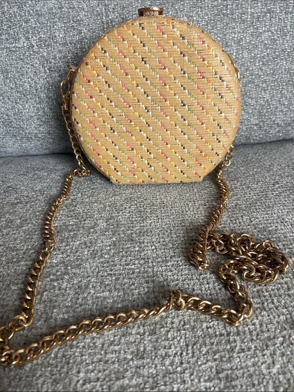 Fabric Round Crossbody bag with a Hard Shell and heavy chain